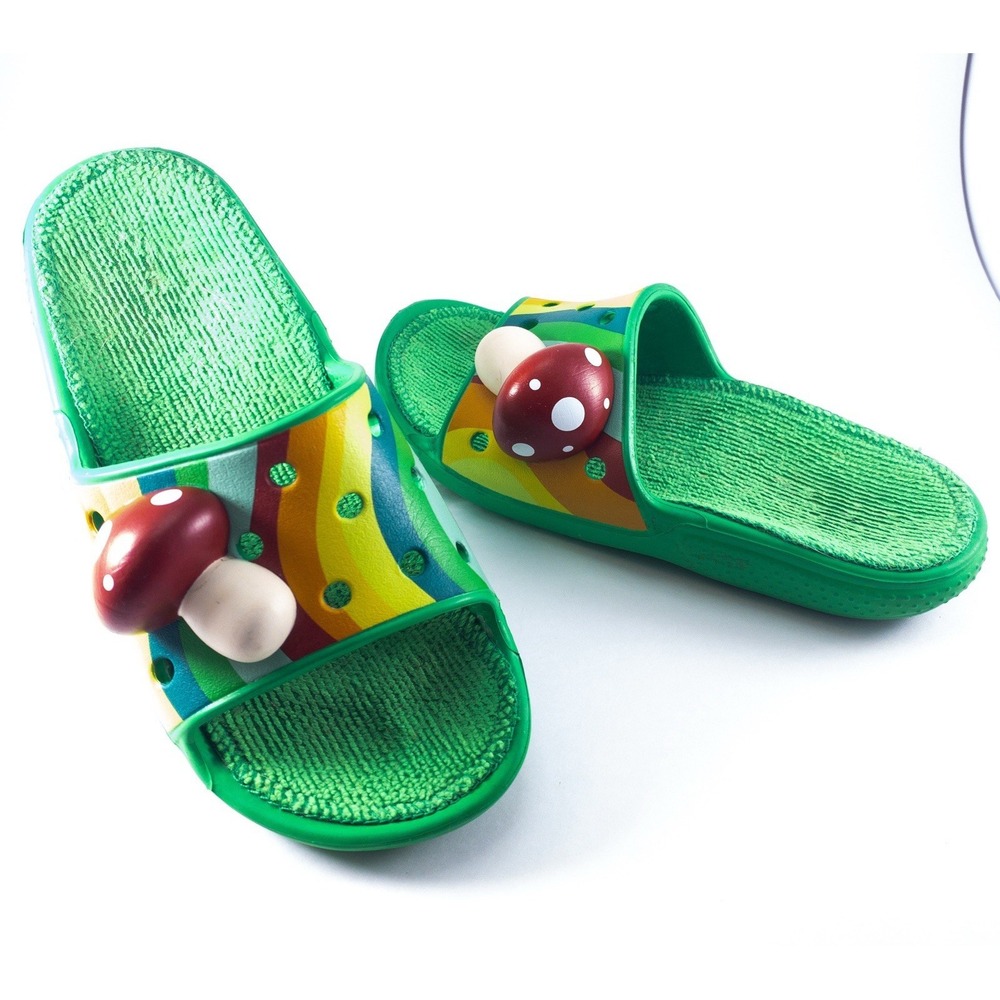 CROCS, Classic Zen Garden Rainbow Mushroom Slides, Green, Junior Size 1 - Picture 2 of 6